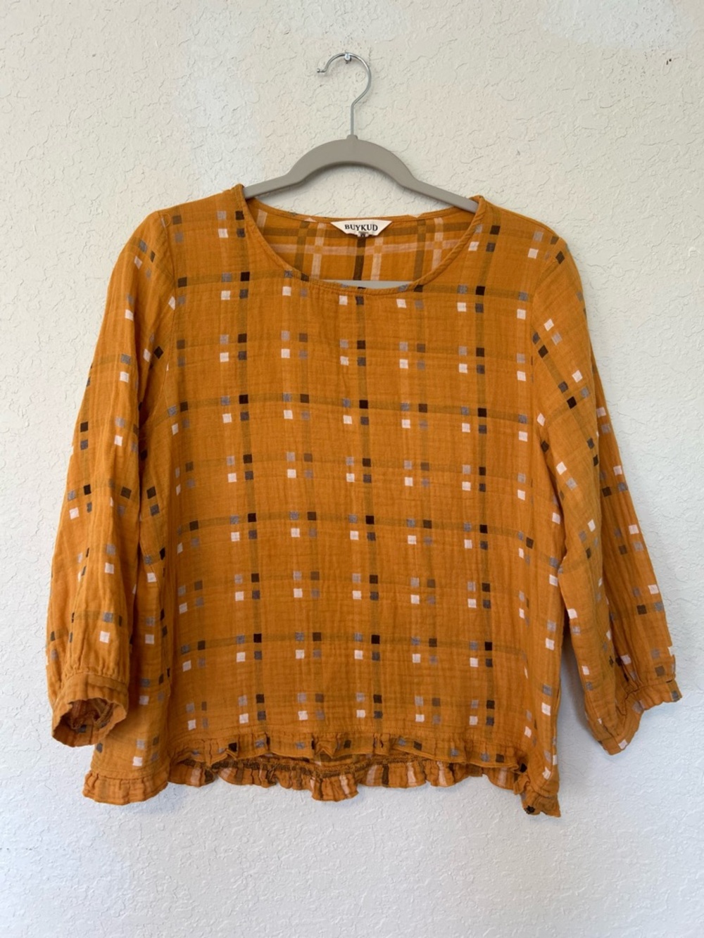Buykud Cotton Linen Blend Mustard Plaid Blouse Boho Lightweight 3/4 Ruffle Hem